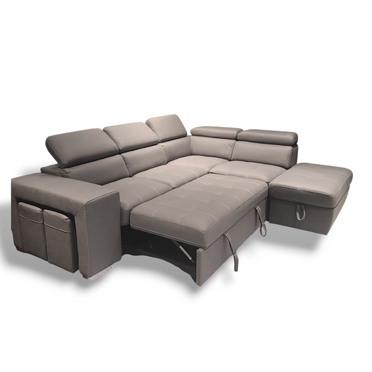 Sicily 3-Seater Sectional Sofa Bed with Ottoman - 2 stools - Grey Vegan Suede image 1