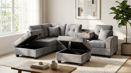 Vernon Sectional with Storage Ottoman - Light Grey