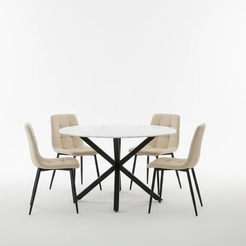 Nova 5-Piece Round Dining Set – White Ceramic Top with Beige Velvet Chairs & Black Legs