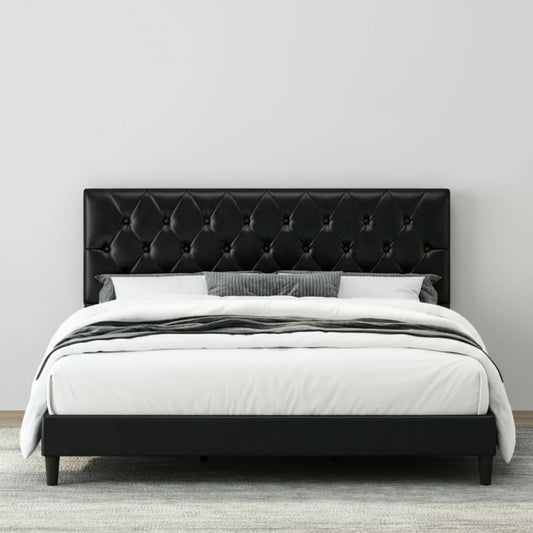 Paris Platform Bed Frame – Contemporary White or Black Faux Leather, Grey Linen Fabric