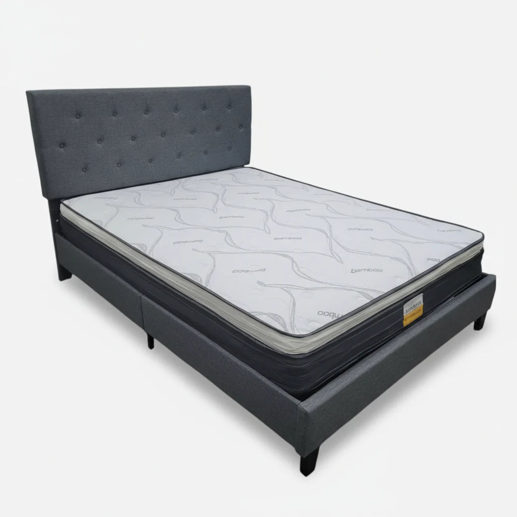 Paris Platform Bed Frame – Contemporary White or Black Faux Leather, Grey Linen Fabric