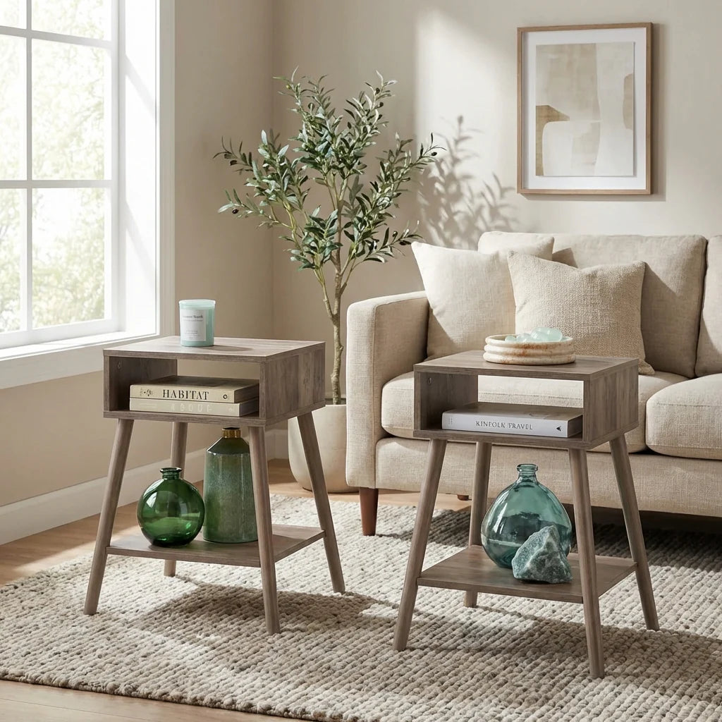 Lexy Mid-Century Modern Light Grey End Tables with Solid Wood Legs – Set of 2