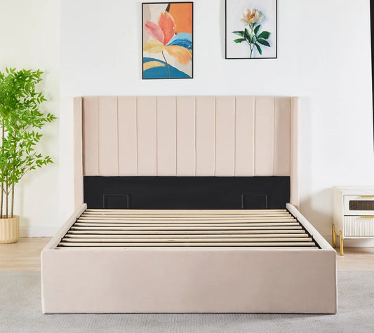 Pluto Hydraulic Storage Bed – Velvet Upholstered with Headboard