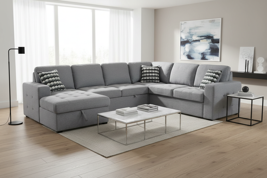 Burnaby 6-Seater Sectional Sofa with Two Pullout Beds and Storage in Light Grey - Modern Living Room