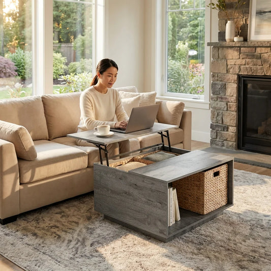 Mancini Modern Square Lift-Top Coffee Table with Hidden Storage – Grey Oak Finish