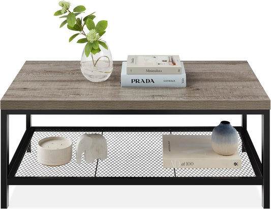 Mandy Industrial Coffee Table with Metal Mesh Shelf – Weathered Slate Grey
