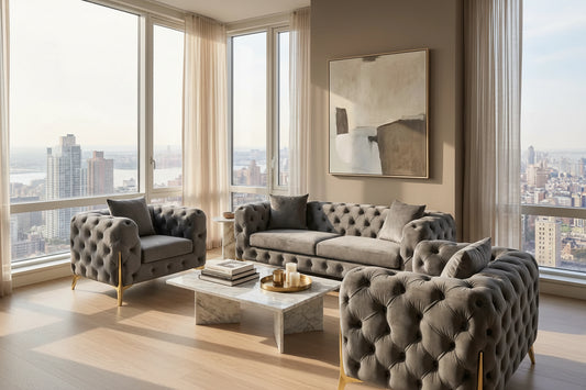 Valemount Velvet Sofa Set with Gold Frame Accents – 3-Piece Modern Statement Living Room Collection