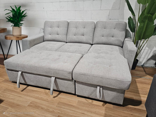 Victoria Sectional Sofa Bed with Storage - Light Grey Fabric