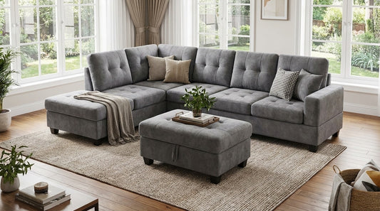 Vernon Sectional with Storage Ottoman - Light Grey