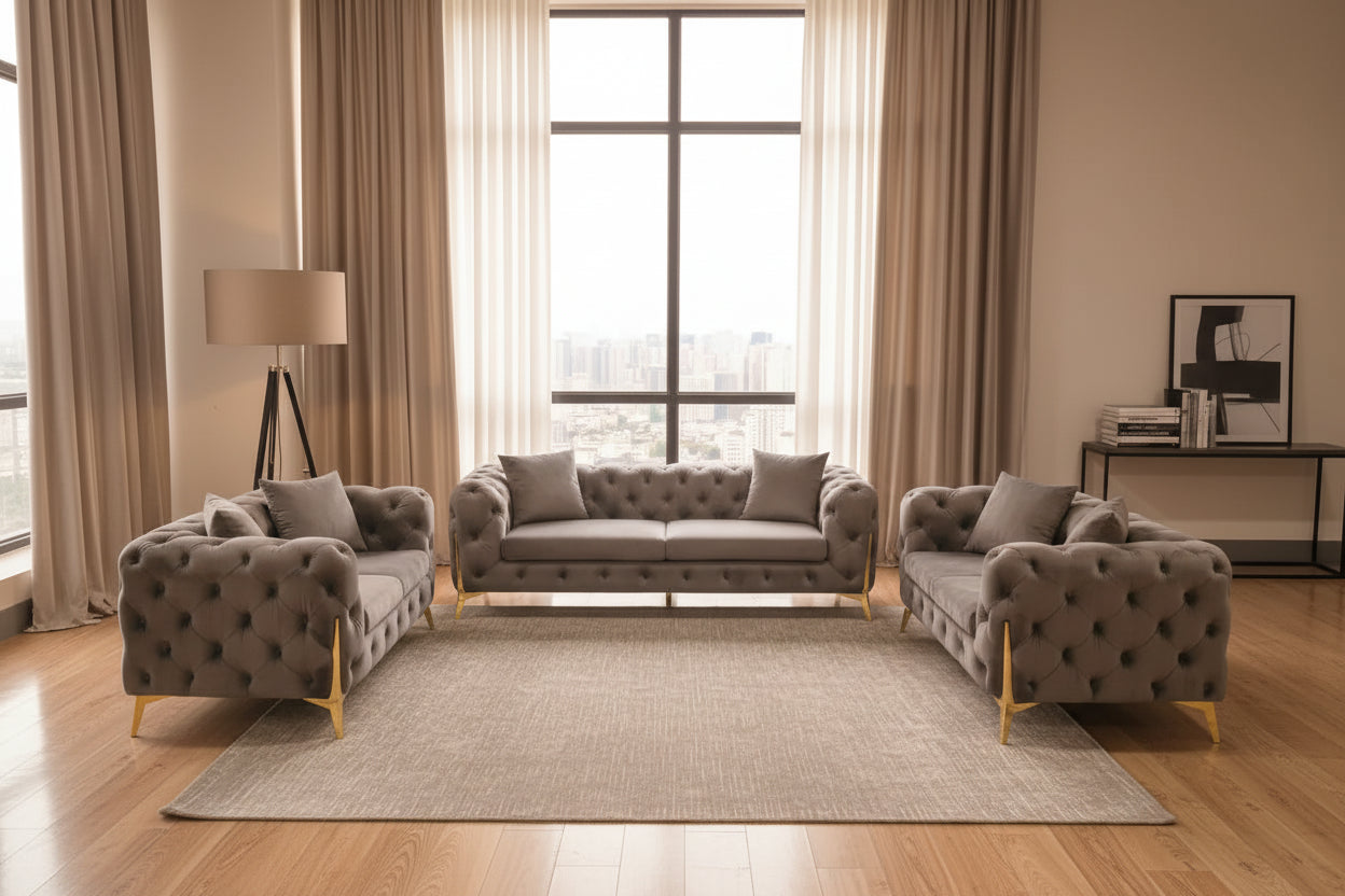 Valemount Velvet Sofa Set with Gold Frame Accents – 3-Piece Modern Statement Living Room Collection