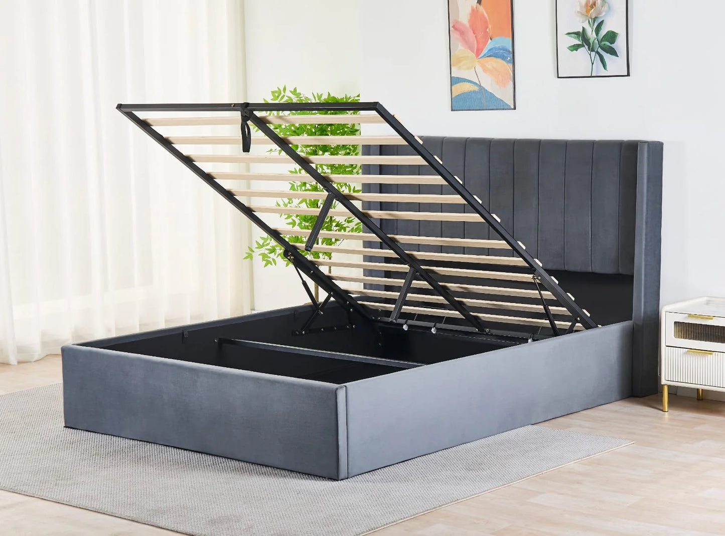 Pluto Hydraulic Storage Bed – Velvet Upholstered with Headboard