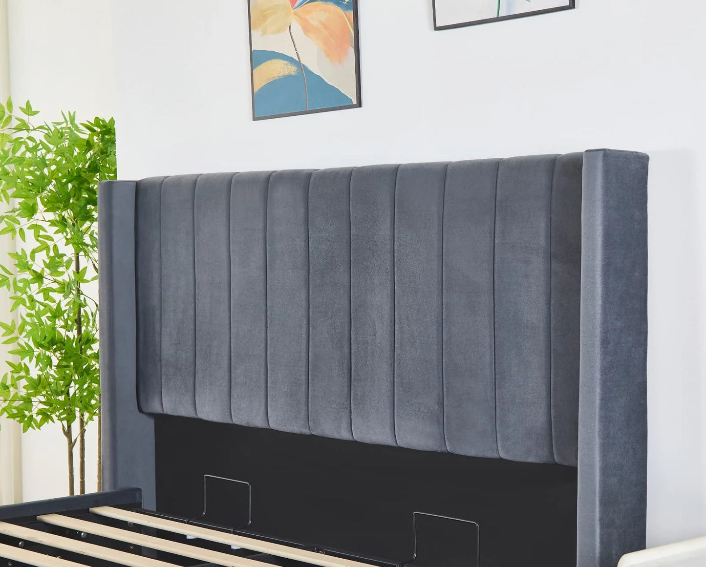 Pluto Hydraulic Storage Bed – Velvet Upholstered with Headboard