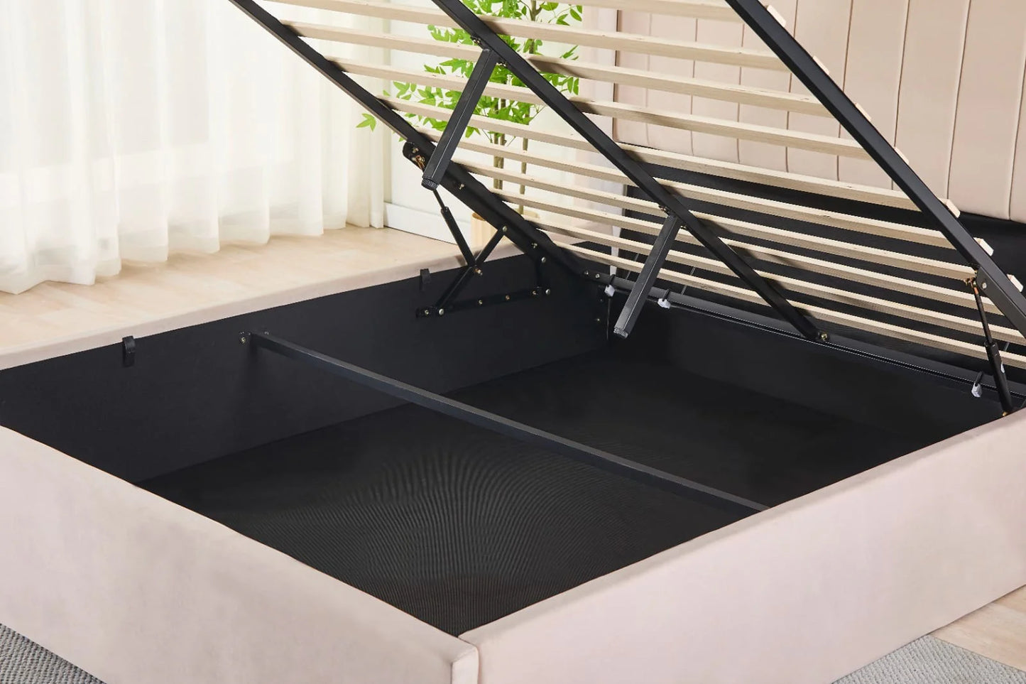 Pluto Hydraulic Storage Bed – Velvet Upholstered with Headboard