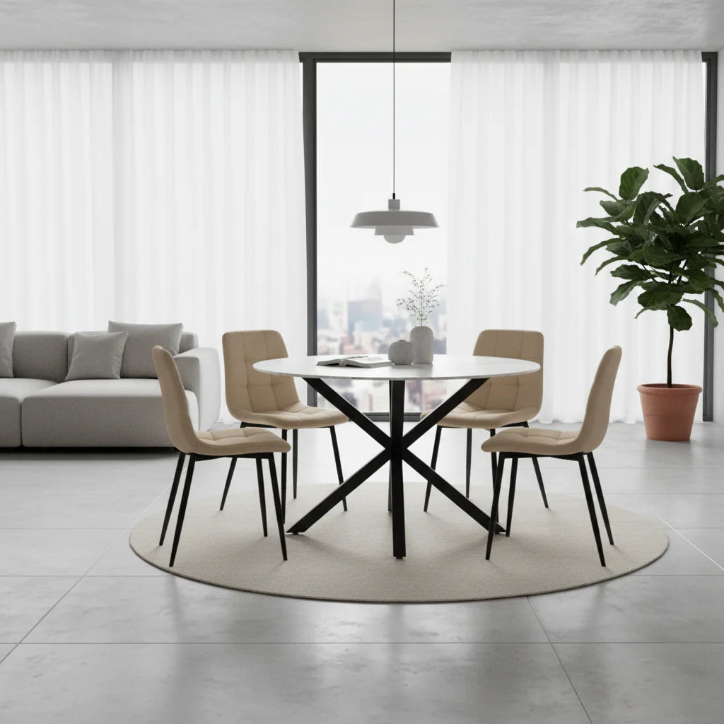 Nova 5-Piece Round Dining Set – White Ceramic Top with Beige Velvet Chairs & Black Legs