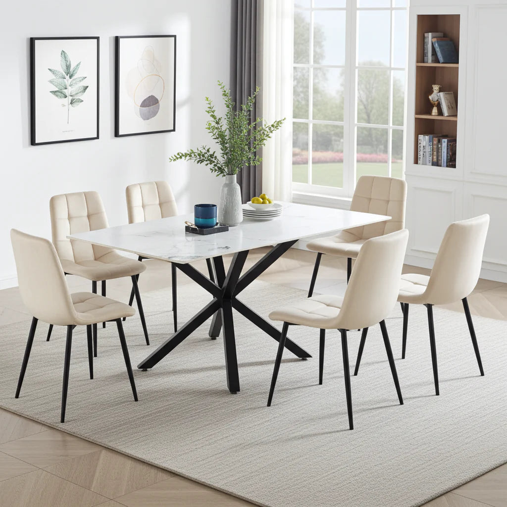 Astra 7-Piece Dining Set – White Ceramic Top & Beige Velvet Chairs