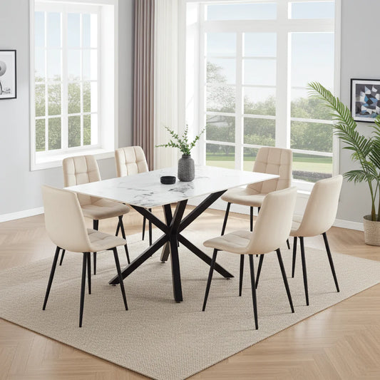 Astra 7-Piece Dining Set – White Ceramic Top & Beige Velvet Chairs
