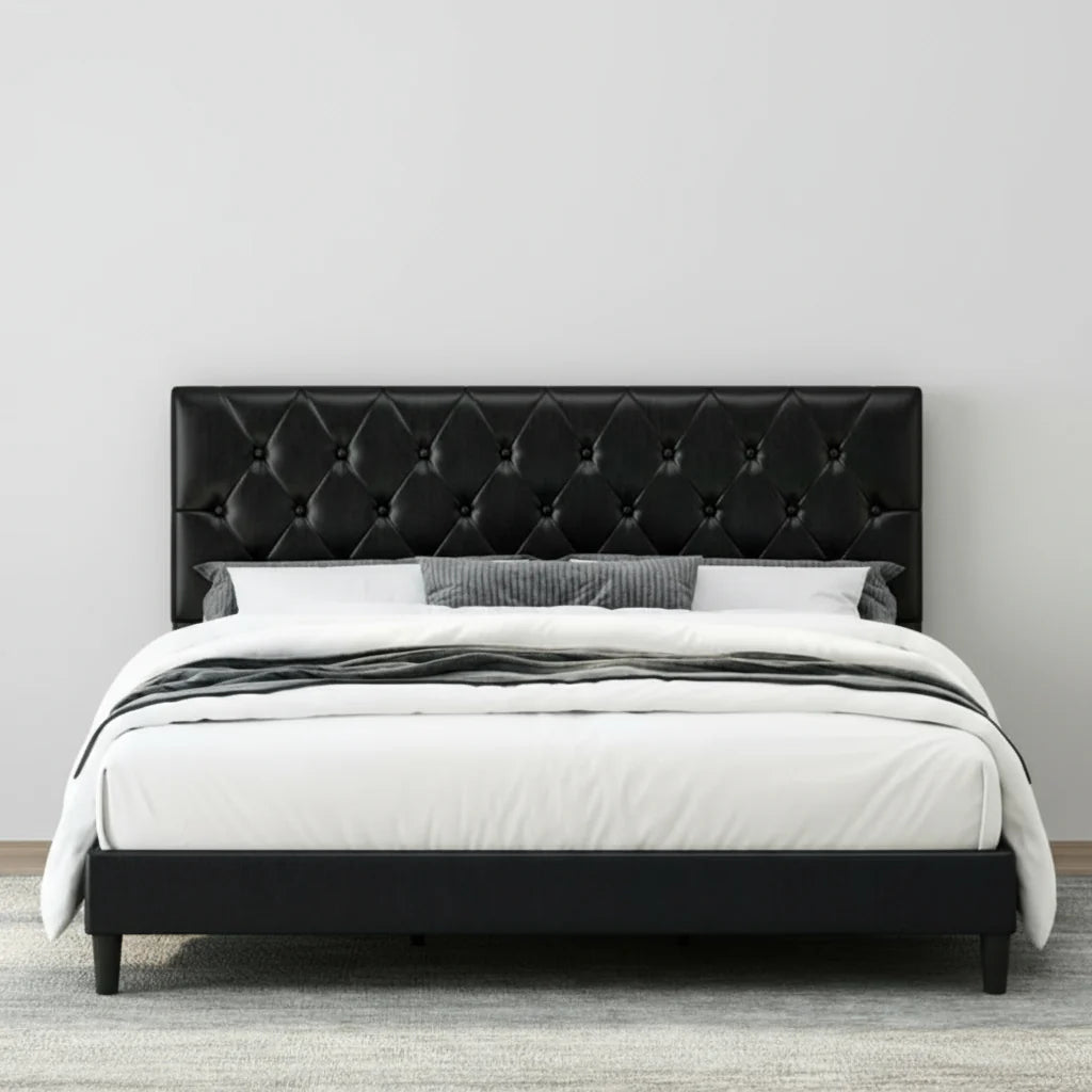 Paris Platform Bed Frame – Contemporary White or Black Faux Leather, Grey Linen Fabric