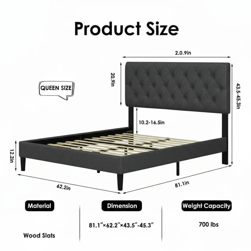 Paris Platform Bed Frame – Contemporary White or Black Faux Leather, Grey Linen Fabric
