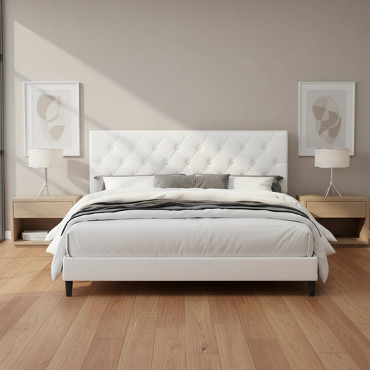 Paris Platform Bed Frame – Contemporary White or Black Faux Leather, Grey Linen Fabric