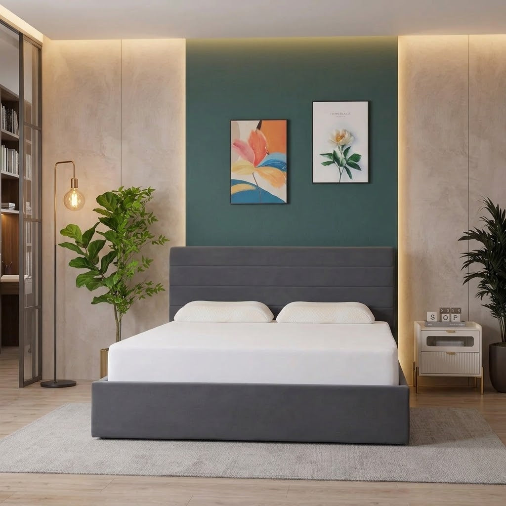Rocco Upholstered Hydraulic Storage Bed with Headboard – Modern Platform Bed Frame with Lift-Up Storage - Grey Linen, Beige Velvet, Grey velvet