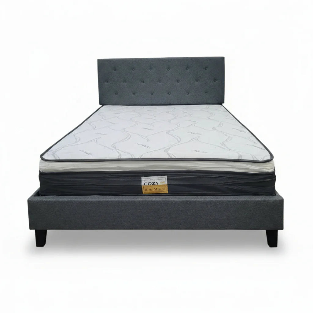 Paris Platform Bed Frame – Contemporary White or Black Faux Leather, Grey Linen Fabric