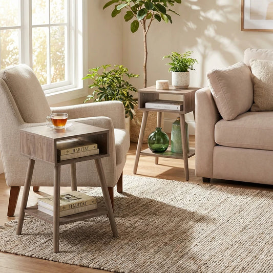 Lexy Mid-Century Modern Light Grey End Tables with Solid Wood Legs – Set of 2