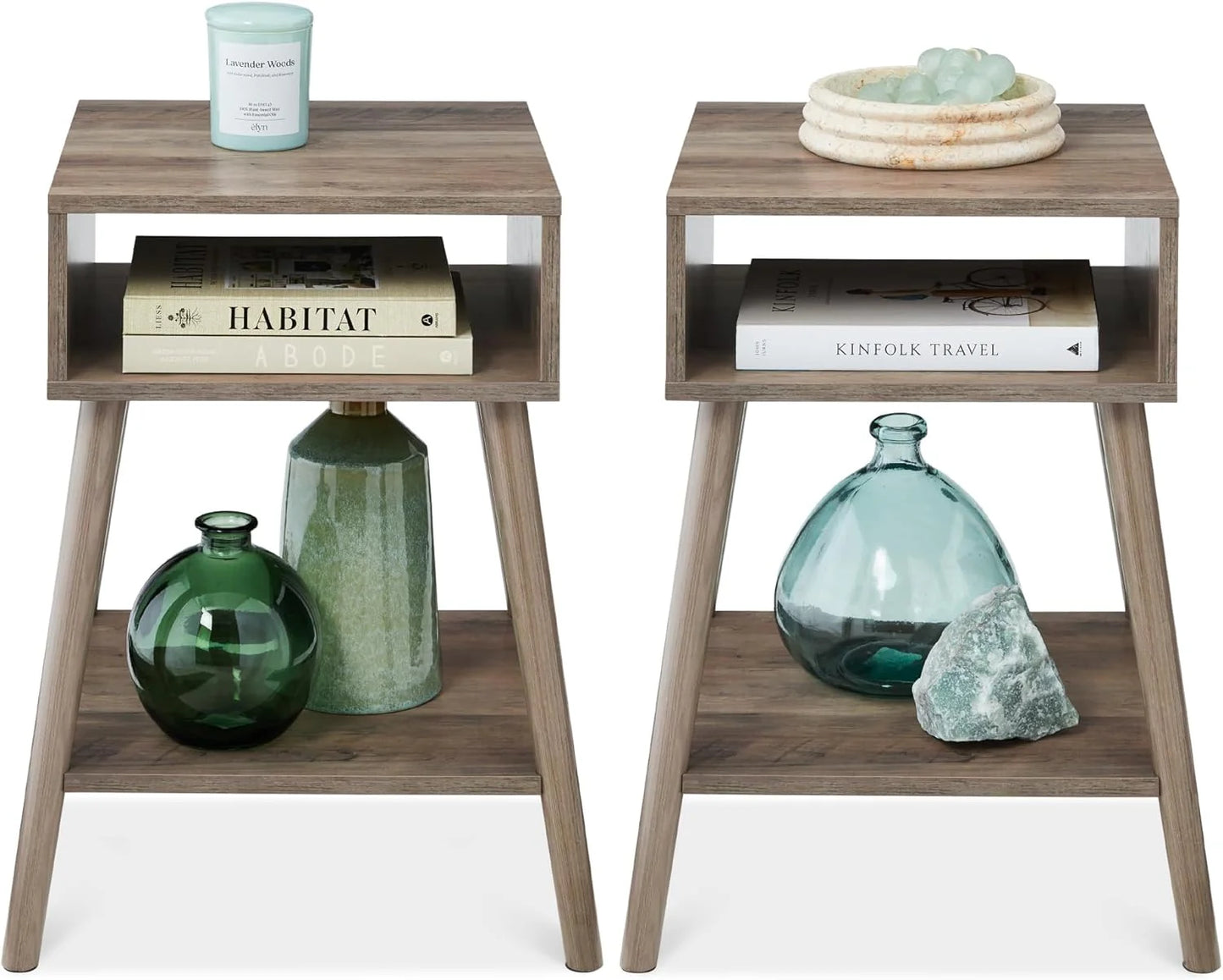Lexy Mid-Century Modern Light Grey End Tables with Solid Wood Legs – Set of 2