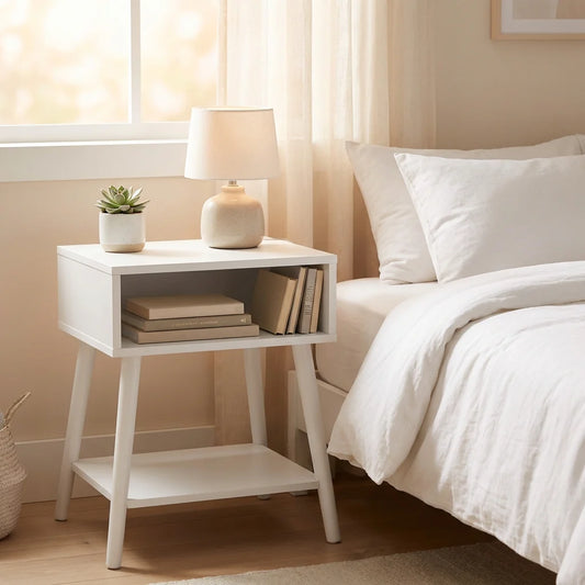 Lexy Mid-Century Modern White End Tables with Solid Wood Legs – Set of 2