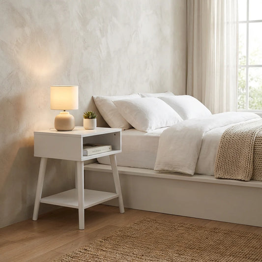 Lexy Mid-Century Modern White End Tables with Solid Wood Legs – Set of 2