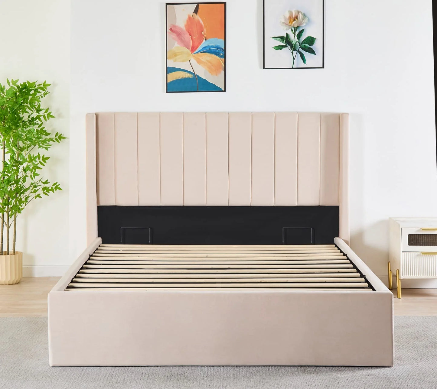 Pluto Hydraulic Storage Bed – Velvet Upholstered with Headboard