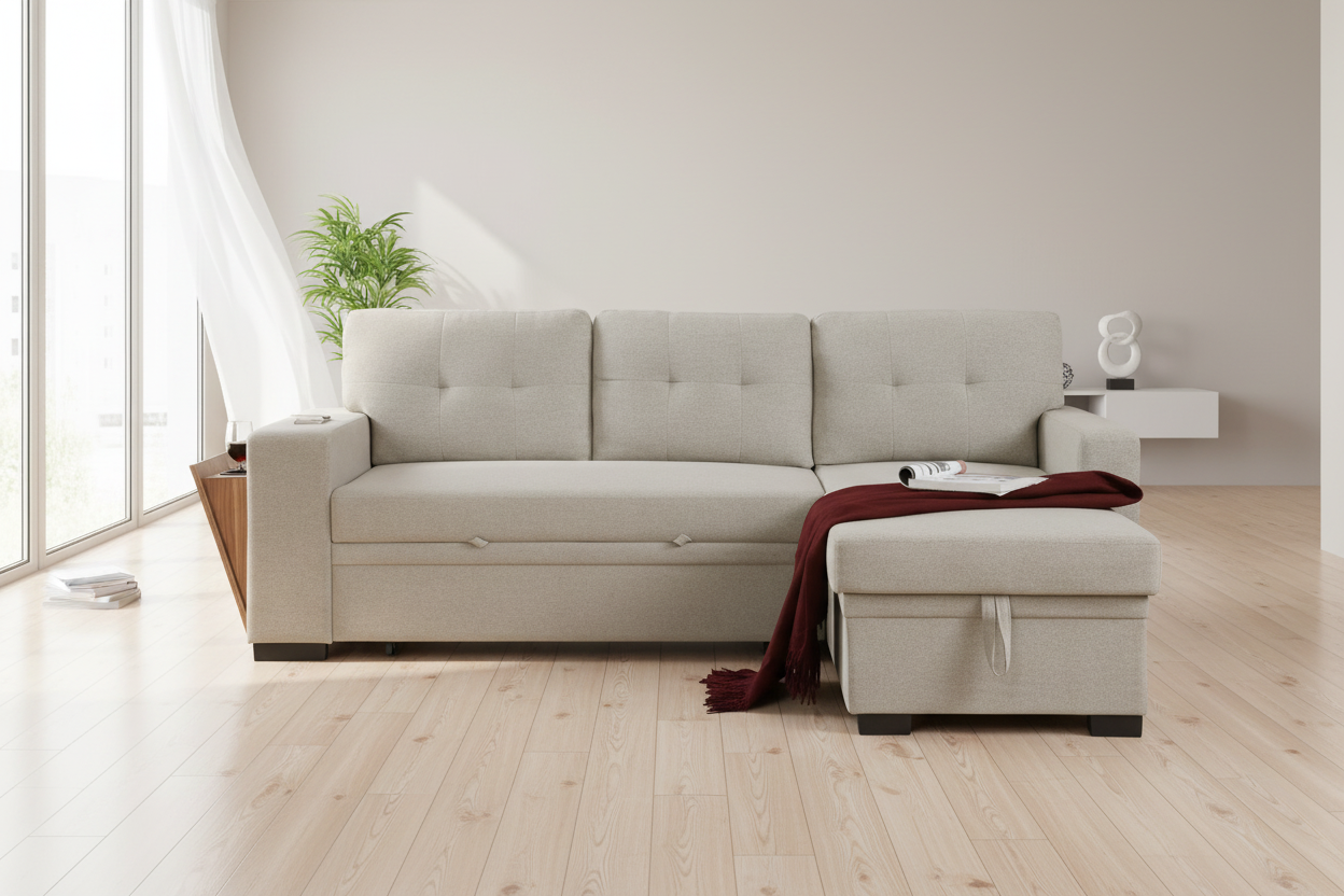 Chilliwack Sectional Sofa Bed with Storage in Sandstone - Modern Living Room