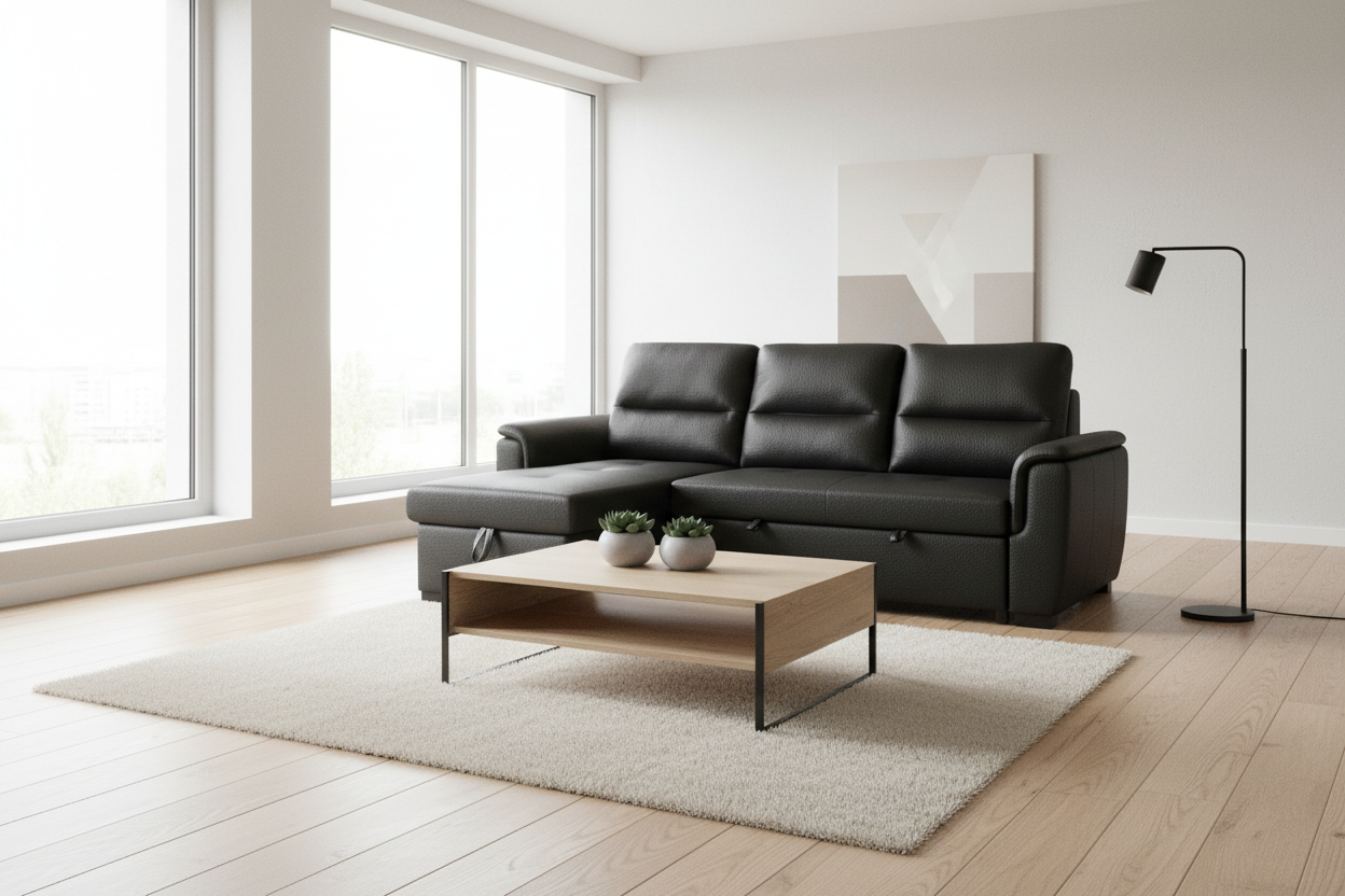 Delta Sectional Sofa Bed with Storage in Black Leather - Modern Living Room