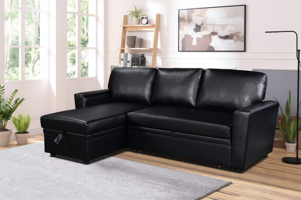 Hope Sectional Sofa Bed with Storage in Black Vegan Leather - Modern Living Room