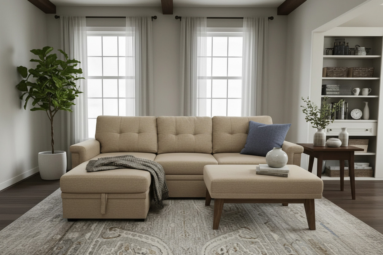 Nanaimo Sectional Sofa Bed with Storage in Beige Fabric - Modern Living Room
