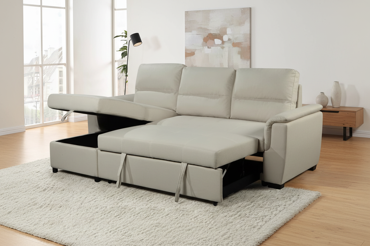 Delta Sectional Sofa Bed with Storage in Cream - Modern Living Room