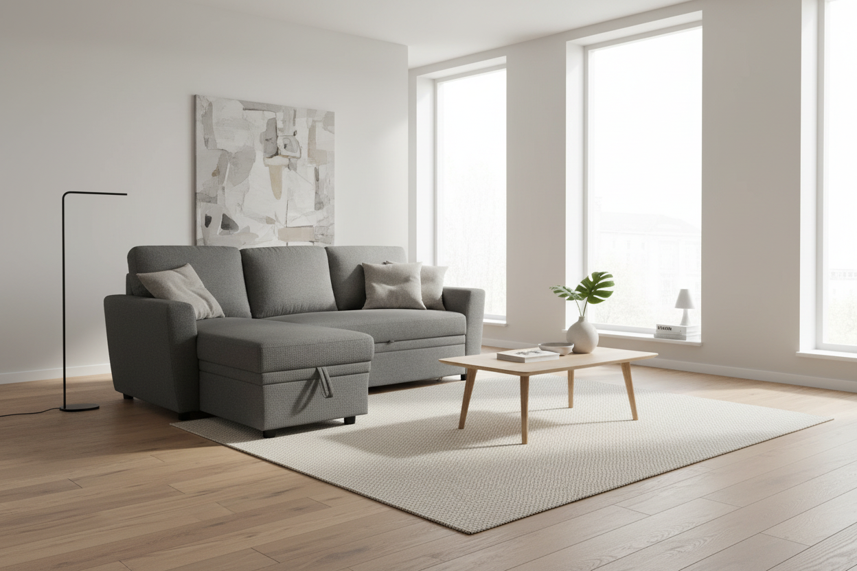 Hope Reversible Sectional Sofa Bed with Storage in Dark Grey Fabric - Modern Living Room
