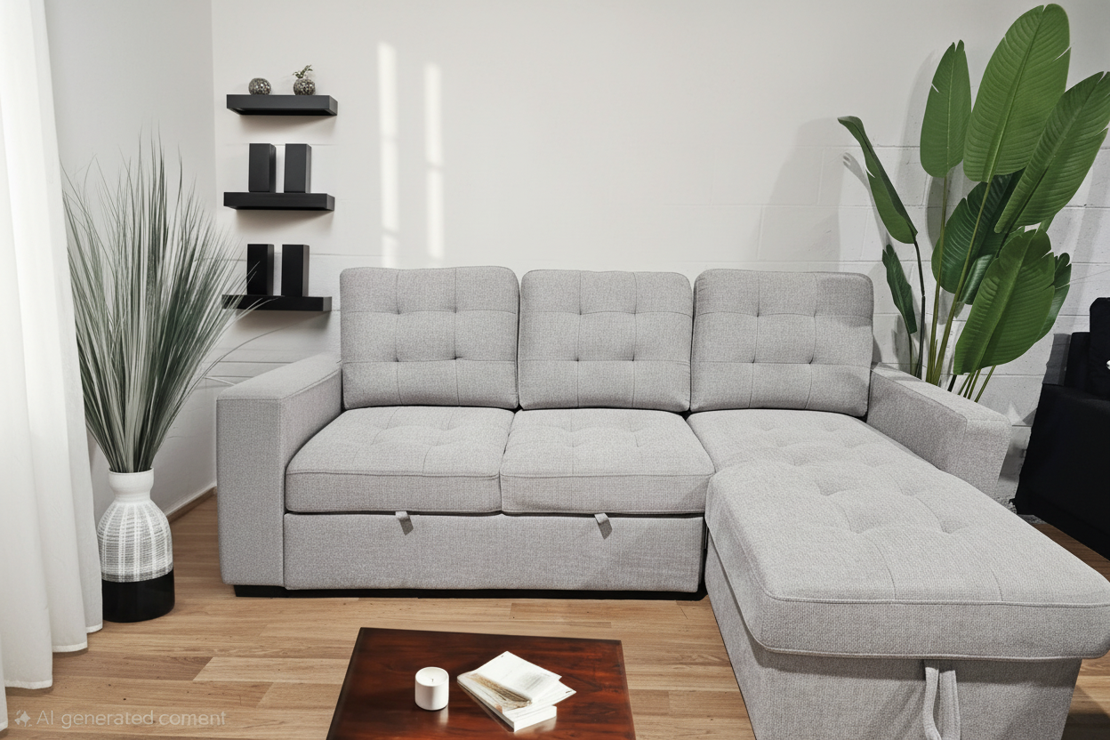 Victoria Sectional Sofa Bed with Storage in Light Grey Fabric - Modern Living Room