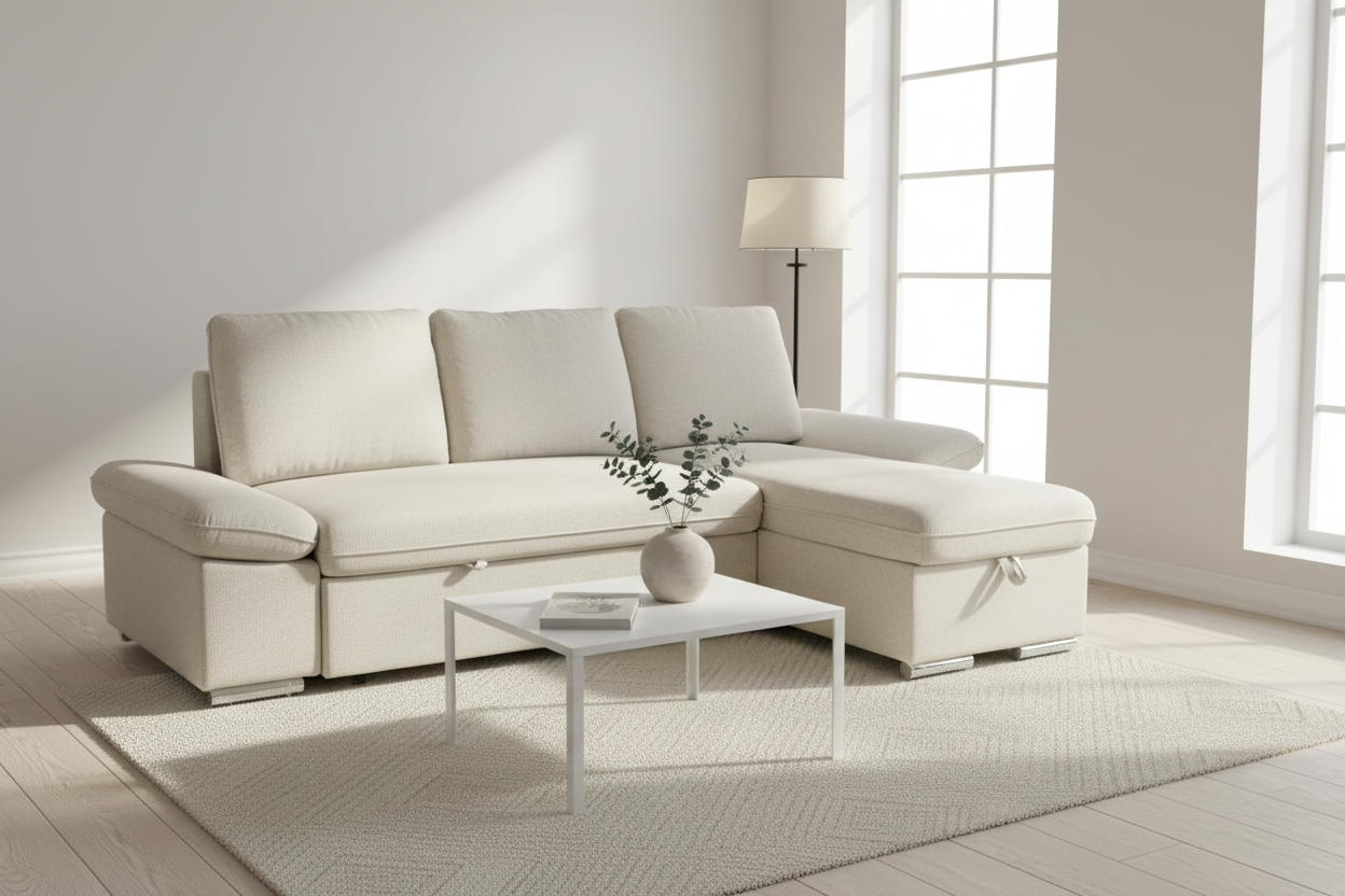 Langley Sectional Sofa Bed with Reversible Chaise and Storage in Cream - Modern Living Room