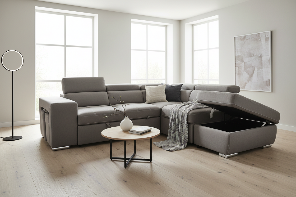Abbotsford 3-Seater Sectional Sofa Bed with Ottoman in Grey Vegan Suede - Modern Living Room