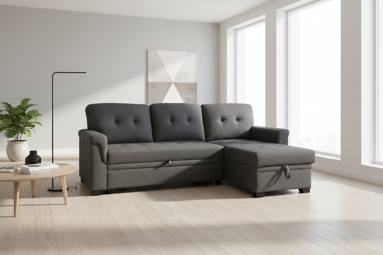 Nanaimo Sectional Sofa Bed with Storage in Dark Grey - Modern Living Room