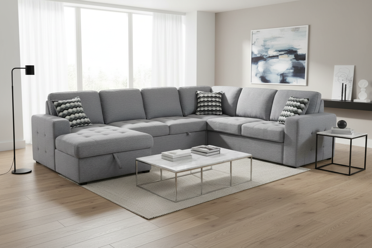 Burnaby 6-Seater Sectional Sofa with Two Pullout Beds and Storage in Light Grey - Modern Living Room