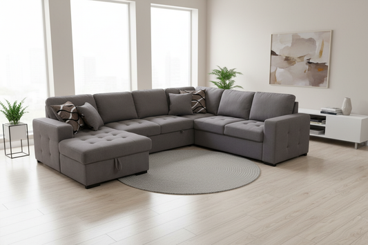 Burnaby 6-Seater Sectional Sofa with Two Pullout Beds and Storage in Dark Grey - Modern Living Room
