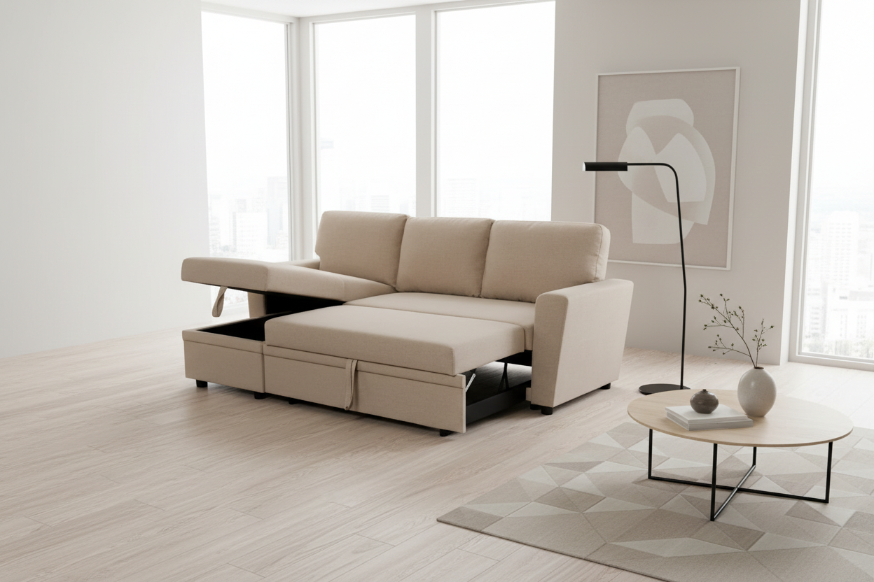Hope Sectional Sofa Bed with Storage in Beige Fabric - Modern Living Room