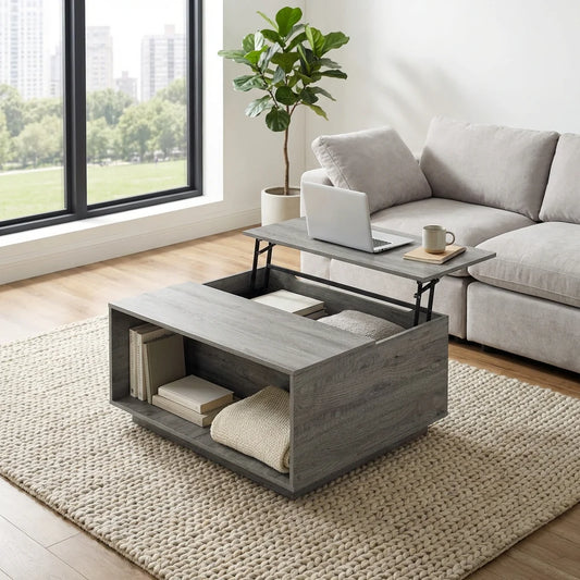 Mancini Modern Square Lift-Top Coffee Table with Hidden Storage – Grey Oak Finish