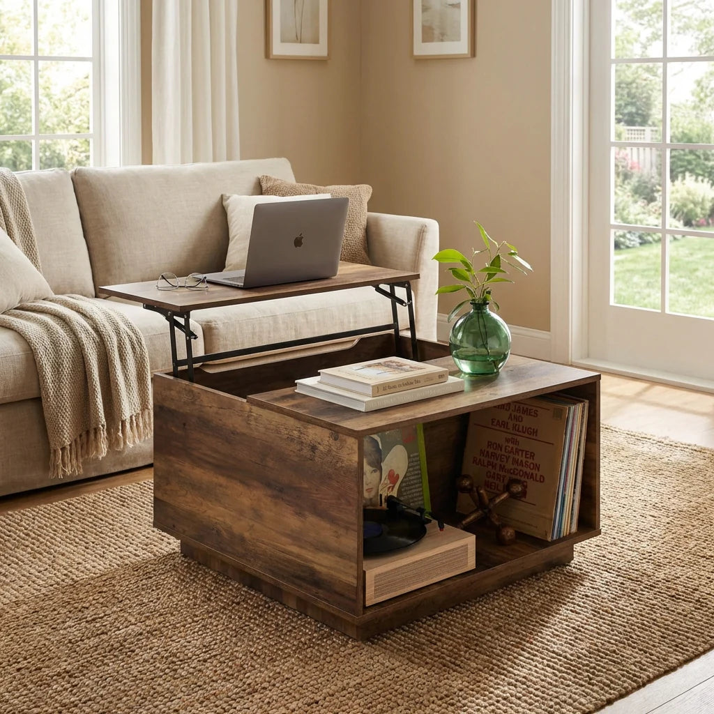Mancini Modern Square Lift-Top Coffee Table with Hidden Storage – Rustic Toasted Oak