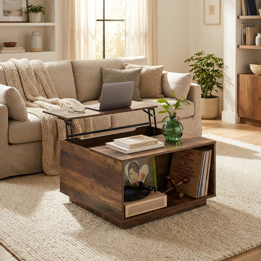 Mancini Modern Square Lift-Top Coffee Table with Hidden Storage – Rustic Toasted Oak