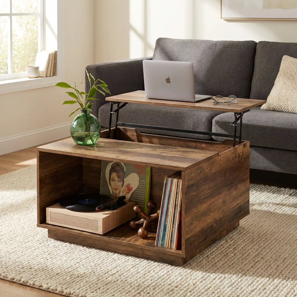 Mancini Modern Square Lift-Top Coffee Table with Hidden Storage – Rustic Toasted Oak