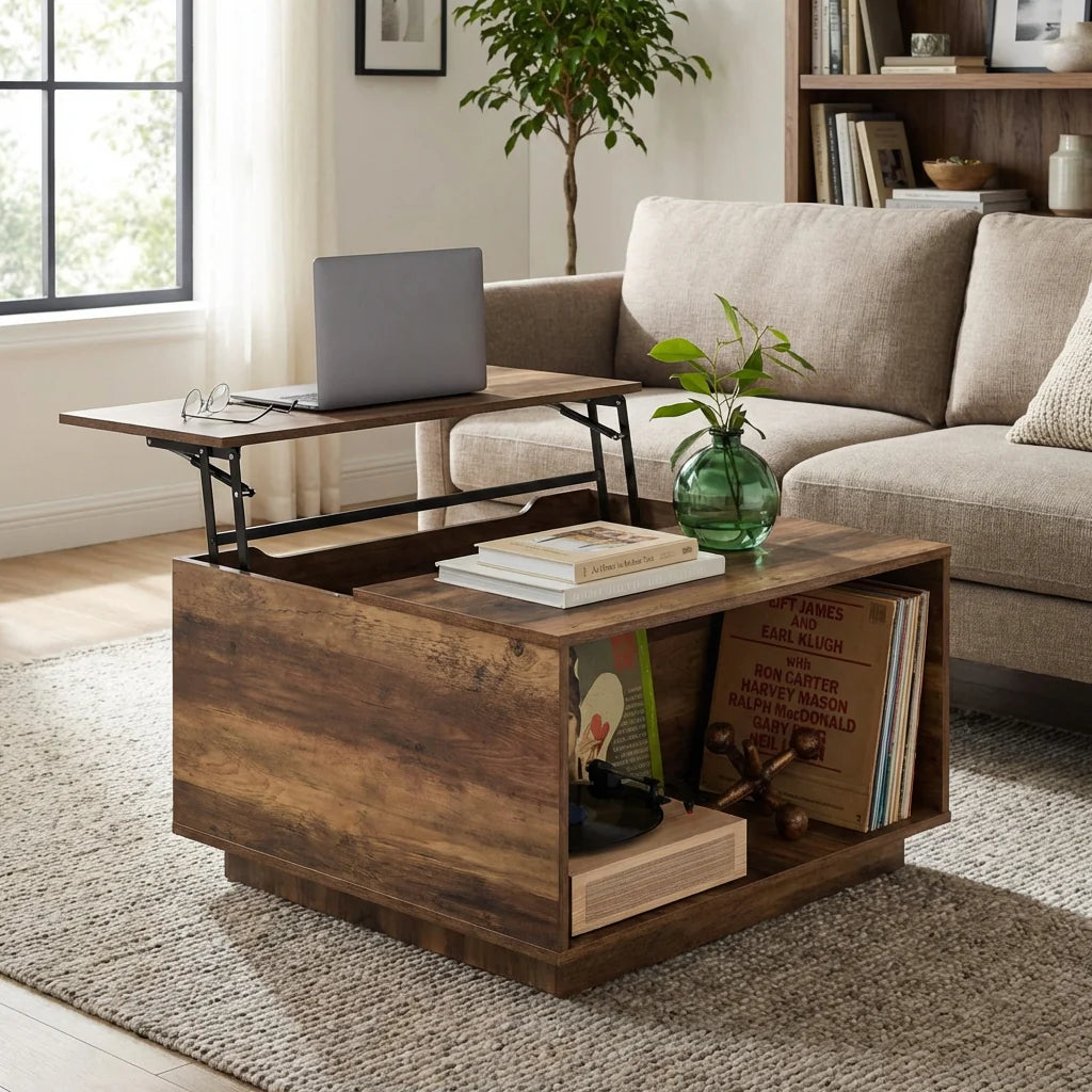 Mancini Modern Square Lift-Top Coffee Table with Hidden Storage – Rustic Toasted Oak
