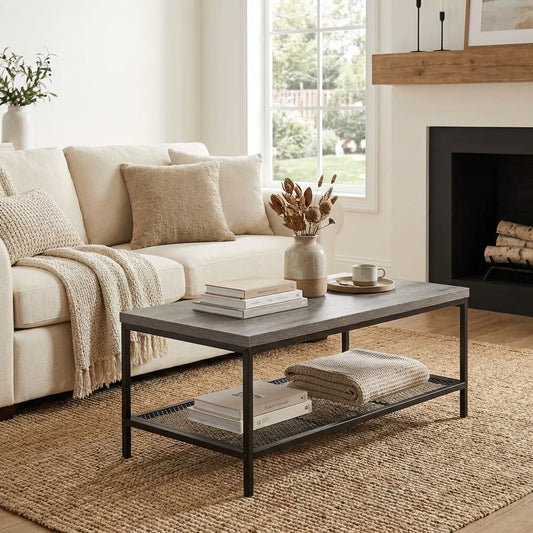 Mandy Industrial Coffee Table with Metal Mesh Shelf – Weathered Slate Grey
