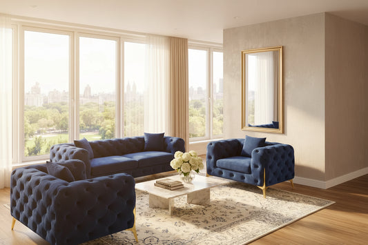 Valemount Velvet Sofa Set with Gold Frame Accents – 3-Piece Modern Statement Living Room Collection